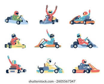 Karting cars. Flat karts racers different rotations, sport racing in open wheel cars. Sporting extreme drivers, isolated men in uniform driving auto, recent vector set