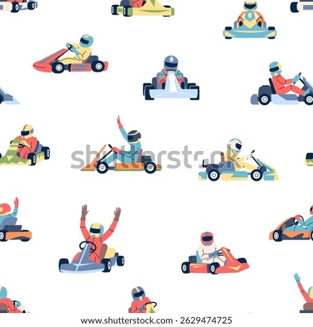 Karting cars seamless pattern. Flat karts racers different rotations, sport racing. Extreme hobby print for fabric, wallpaper, wrapping, vector background