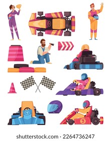 Karting cartoon icons set with racing cars and accessories isolated vector illustration