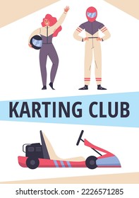 Karting club advertising banner or poster design with cartoon characters, flat vector illustration. Karting races sport and entertainment activity banner template.