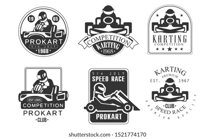 Karting Competition Retro Labels Set, Mechanic Station, Procart Racing Club Monochrome Badges Vector Illustration