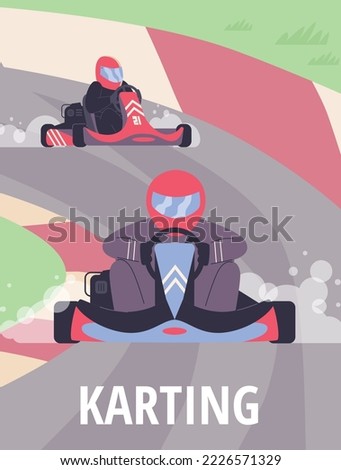 Karting competition scene, poster template with text, flat vector illustration. Drivers karting in high speed. People in protective suits and helmets. Extreme motorsport and road racing concepts.