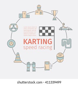 Karting flat icon set. Speed racing signs. Vector illustration.