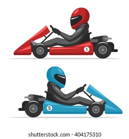 Karting go. Racing on sport kart driver man in helmet. Auto racing red and blue Go-kart. Vector cartoon illustration isolated on white background for web design banner and print