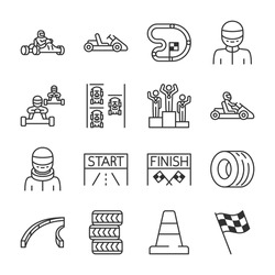 Karting Icons Set. Kart Racing, Linear Icon Collection. Road Racing On Go-karts, Shifter Karts. Attributes. Line With Editable Stroke