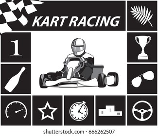 Karting Infographic in black and white, Kart, icons, racer