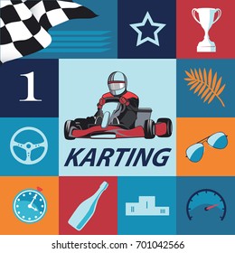 Karting Infographic set. Flat design, colored sports set with Kart, icons, racer and others vector elements