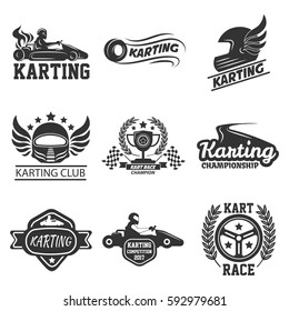 Karting or kart races club or tournament logo templates. Icons set of racing cars, steering wheel and racer driver for championship award. Vector symbols of winner cup, victory laurel wreath and stars