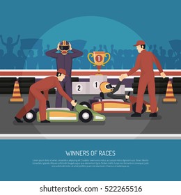 Karting motor race winner and another driver after tournament flat vector illustration