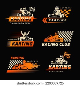 Karting. Race cars emblems or logos with place for text symbols of speed and extreme sport. Recent vector templates