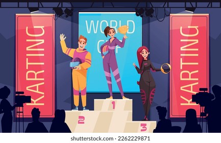 Karting race cartoon poster with winners with trophies on podium vector illustration