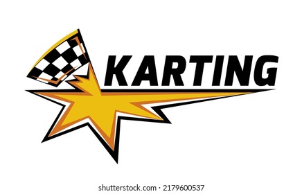 Logo del símbolo de la raza de karting, elemento emblema. Lotipo de Go-cart con bandera de carreras. Espectáculo deportivo. Ilustración vectorial editable en colores amarillos, anaranjados y negros aislados en un fondo blanco