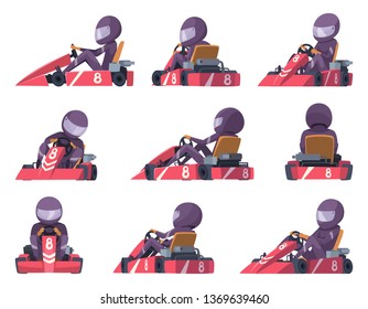 Karting racers. Sport speed cars competition vector karting automobile illustrations