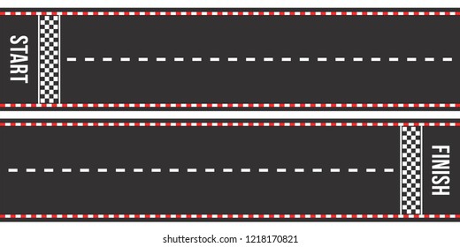 Karting racing roads. Start and finish lines. Asphalt roads or speedway with marking in top view. Vector