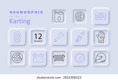 Karting set icon. Traffic signal, lubricant container, pit garage, maintenance wrench, ignition sparkplug, racing glove, brake rotor, battery pack, cooling radiator, speedometer, protective helmet