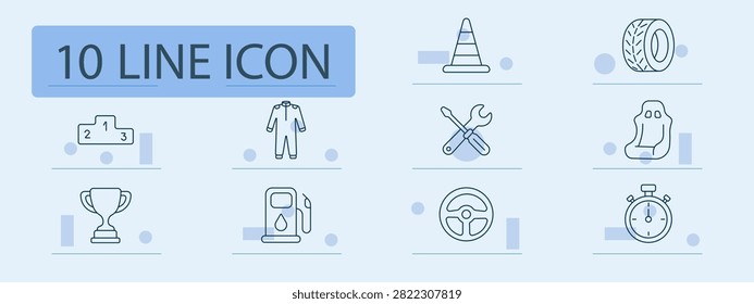 Karting set icon. Winner podium, racing suit, trophy cup, fuel station, traffic cone, performance tire, repair tools, sport seat, steering wheel, stopwatch, motorsport competition, track preparation