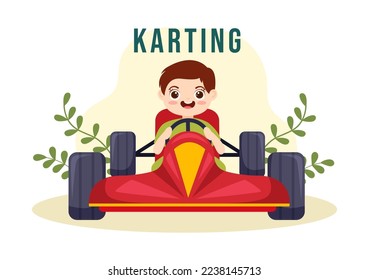 Karting Sport with little kids Racing Game Go Kart or Mini Car on Small Circuit Track in Flat Cartoon Hand Drawn Template Illustration