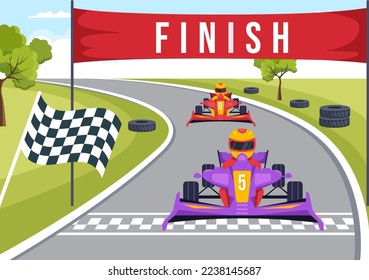 Karting Sport mit Racing Game Go Kart oder Mini-Auto auf kleinem Laufband in flacher Cartoon Hand gezeichnete Vorlage Illustration