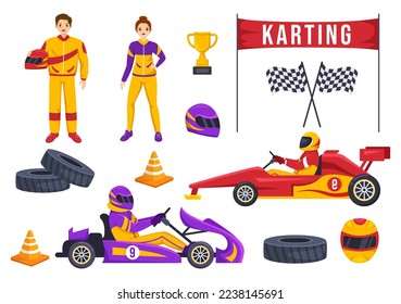 Karting Sport with Racing Game Go Kart or Mini Car on Small Circuit Track in Flat Cartoon Hand Drawn Template Illustration