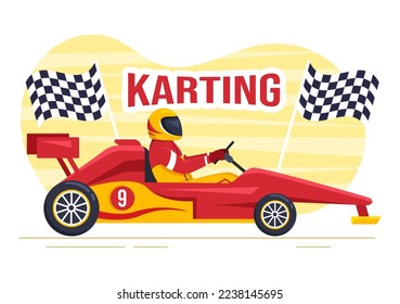 Karting Sport with Racing Game Go Kart or Mini Car on Small Circuit Track in Flat Cartoon Hand Drawn Template Illustration