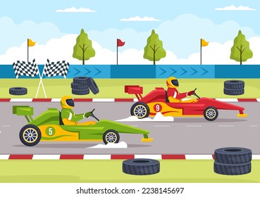 Karting Sport with Racing Game Go Kart or Mini Car on Small Circuit Track in Flat Cartoon Hand Drawn Template Illustration