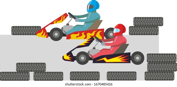 Karting. Two riders in helmets ride a track competition. Flat illustration in vector style.