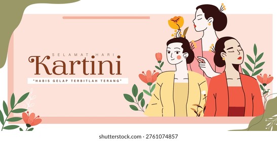 Kartini Day Banner Template with Three Javanese Women with Kebaya  (Indonesian Traditional Dress) Illustration with Floral Background Design
