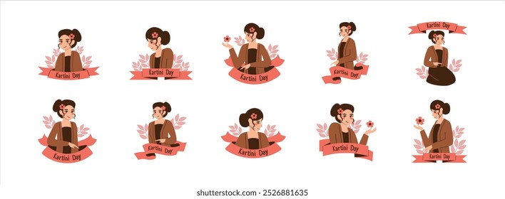 Kartini Day Greeting Character flat illustration set. Include of woman, figure, java, and emancipation. Vector illustration isolated.