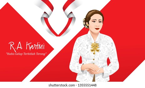 Kartini Day, R A Kartini the heroes of women and human right in Indonesia. banner template design background. - Translation of text : Out of dark comes light. - Vector