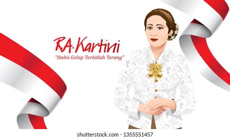 Kartini Day, R A Kartini the heroes of women and human right in Indonesia. banner template design background. - Translation of text : Out of dark comes light. - Vector
