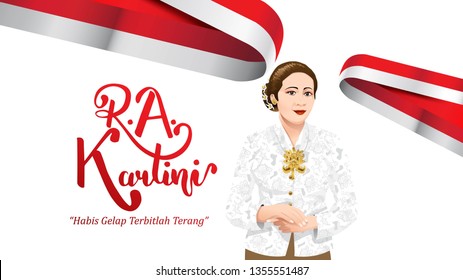 Kartini Day, R A Kartini the heroes of women and human right in Indonesia. banner template design background. - Translation of text : Out of dark comes light. - Vector