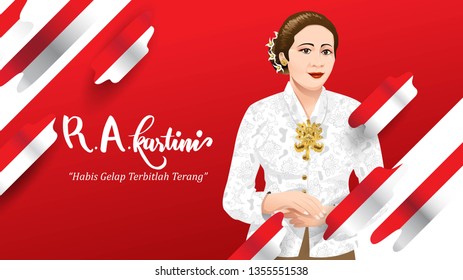 Kartini Day, R A Kartini the heroes of women and human right in Indonesia. banner template design background. - Translation of text : Out of dark comes light. - Vector