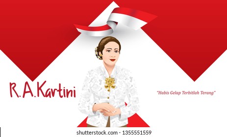 Kartini Day, R A Kartini the heroes of women and human right in Indonesia. banner template design background. - Translation of text : Out of dark comes light. - Vector