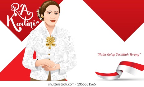 Kartini Day, R A Kartini the heroes of women and human right in Indonesia. banner template design background. - Translation of text : Out of dark comes light. - Vector