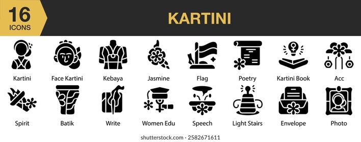 Kartini solid icon set. Includes day, kartini, celebration, celebrate, national, and More. Solid icons vector collection.