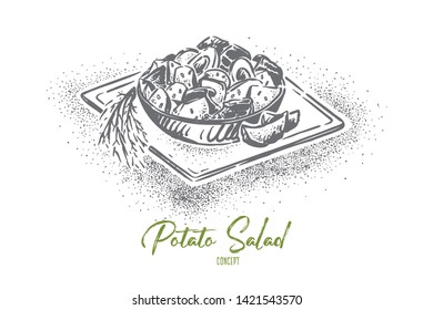 Kartoffelsalat or potato salad, traditional german food with mayonnaise dressing, delicious vegetarian meal. National austrian dish, homemade dinner concept sketch. Hand drawn vector illustration