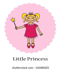 kartoon little princess with magic wand on a pink background 