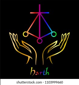 Karuna Reiki. Energy healing. Alternative medicine. Symbol Harth . Spiritual practice. Esoteric.Open palm. Rainbow color. Vector