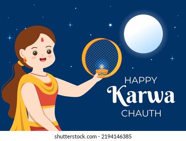 Karwa Chauth Festival Hand Drawn Flat Cartoon Illustration to Start the New Moon by Seeing the Moonrise in November From Wives for Their Husbands
