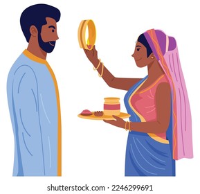 Karwa Chauth festival, Hindu woman in traditonal dress praying for the well-being and longevity of her husband