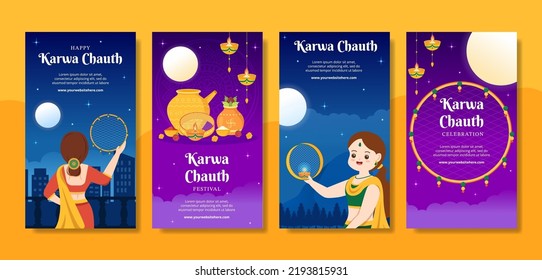Karwa Chauth Festival Indian Social Media Stories Template Hand Drawn Cartoon Flat Illustration