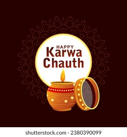 Karwa Chauth festival luxury greeting card design. Night sky background and Moon with puja plate illustration.