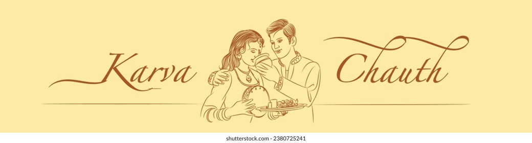 karwa chauth indian couple celebrating festival line drawing