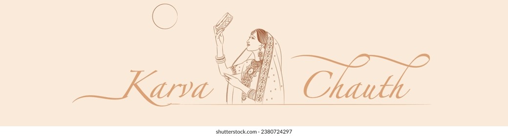 karwa chauth indian women looking moon vector line drawing