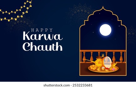 Karwa Chauth, ritual and festival of wedding couple of India in vector