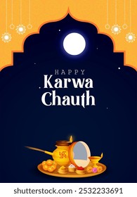 Karwa Chauth, ritual and festival of wedding couple of India in vector