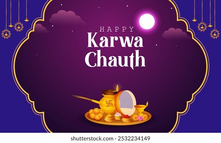 Karwa Chauth, ritual and festival of wedding couple of India in vector