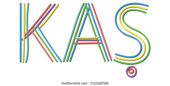 Kas. Isolate doodle lettering text from multi-colored curved neon lines like from a felt-tip pen, pensil. Kas is place in Turkey. Text for print, booklet, banner, social network, web resources