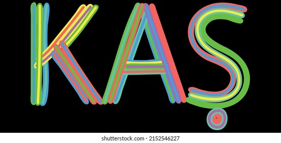 Kas. Multicolored bright isolate curves doodle letters like from marker, oil paint. Kas is place in Turkey. Text for print, booklet, banner, social network, web resources, mobile app. Stock vector