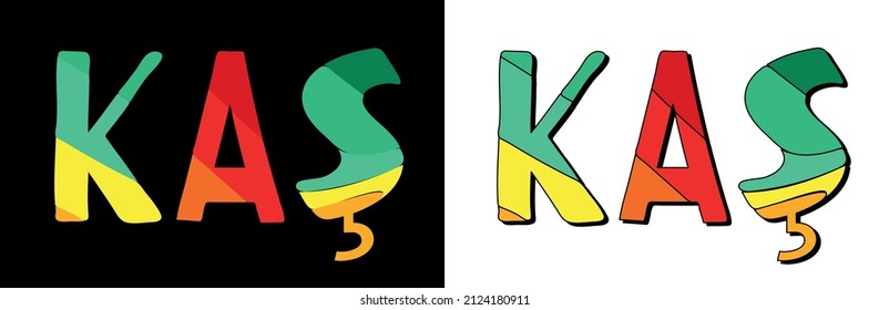Kas. Set 2 in 1. Bright funny cartoon color doodle isolated text. Kas is place in Turkey. Text for print, booklet, banner, social network, web resources, mobile app. Stock vector picture.